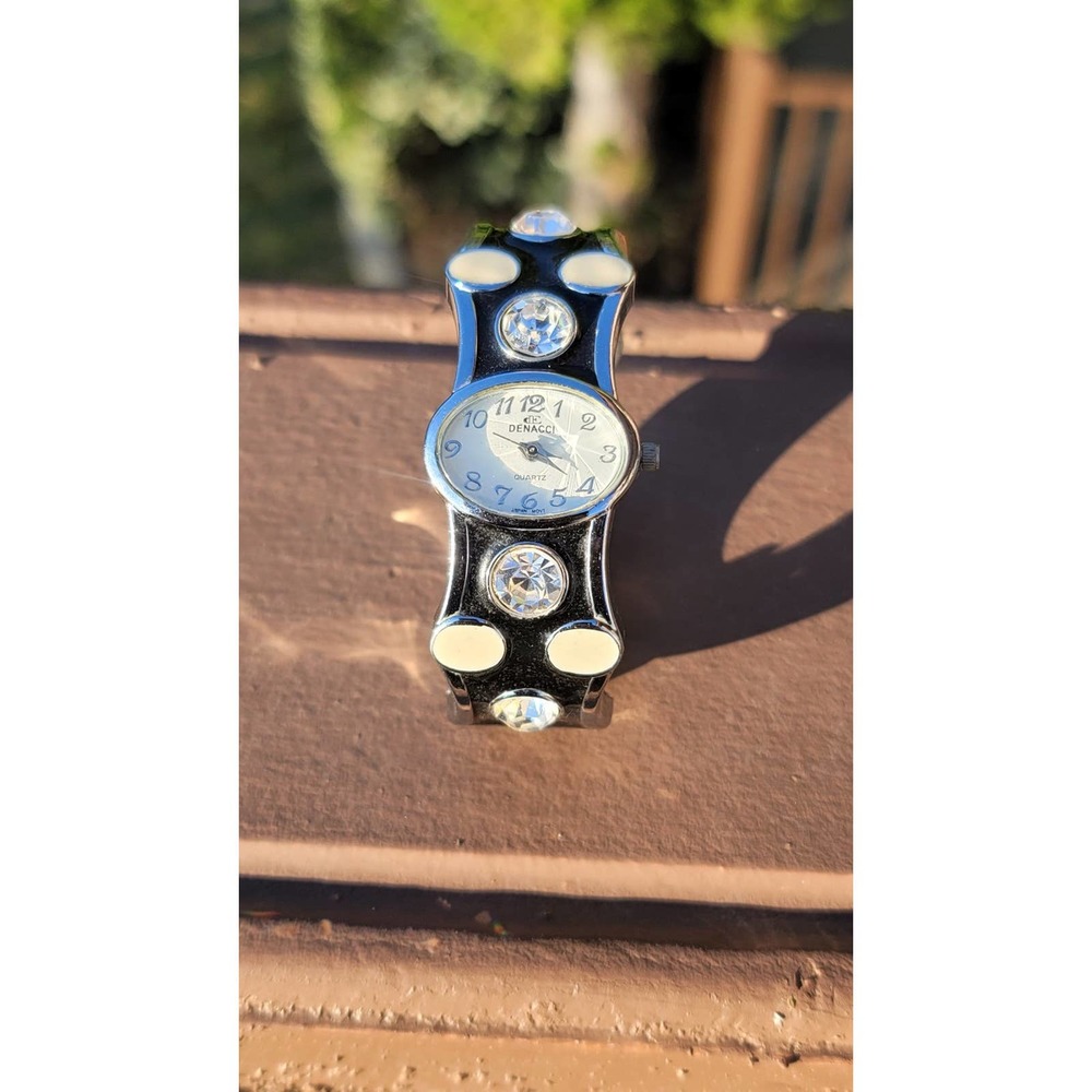 Vtg Denacci Quartz Rhinestone Enamel Bracelet Cuff Watch